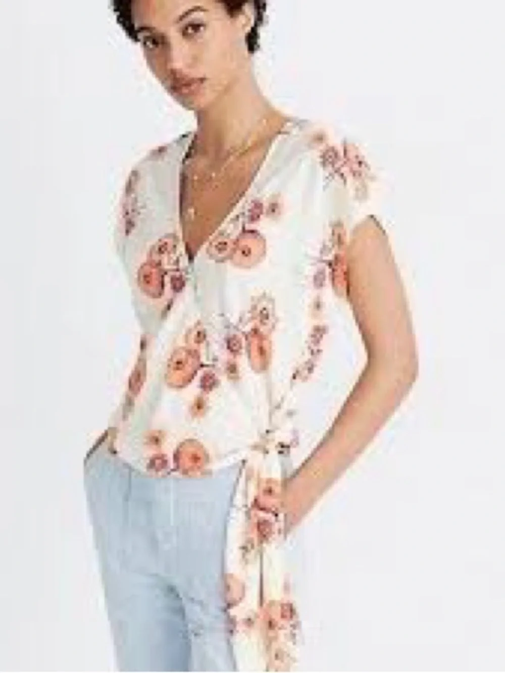 MADEWELL Floral Wrap V-Neck Short Sleeve Top - White with Coral Floral - Picture 1 of 8